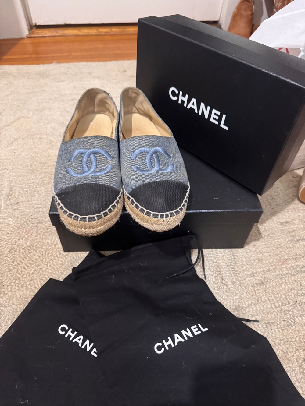 CHANEL Denim Espadrille Flats with Black Cap Toe and Blue CC Logo